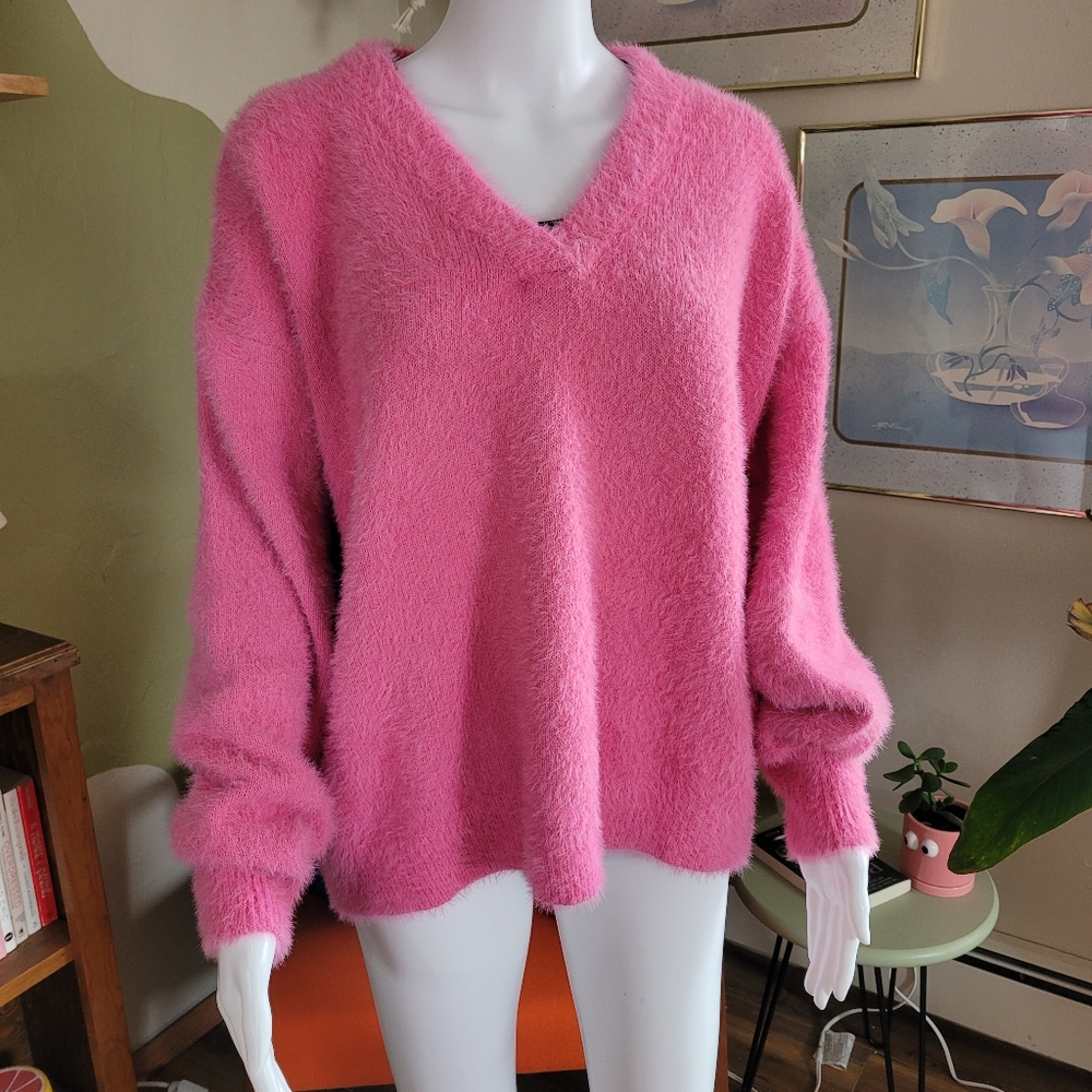 SHEIN Pink Soft and Fuzzy Oversized Long Sleeve V-Neck Sweater - Size Large
